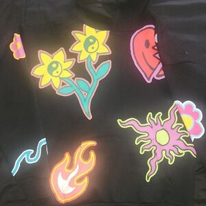 PacSun Black Hoodie with Neon Floral, Sun & Flame Graphics